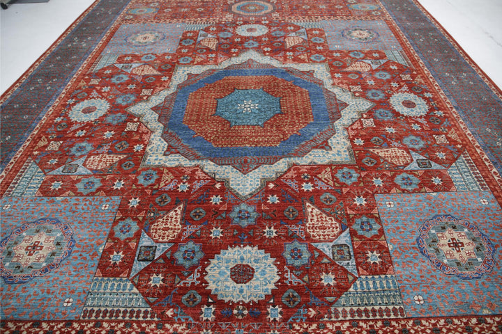Red Afghan Mamluk Rug 11'9" x 16'6" Hand-Knotted pattern