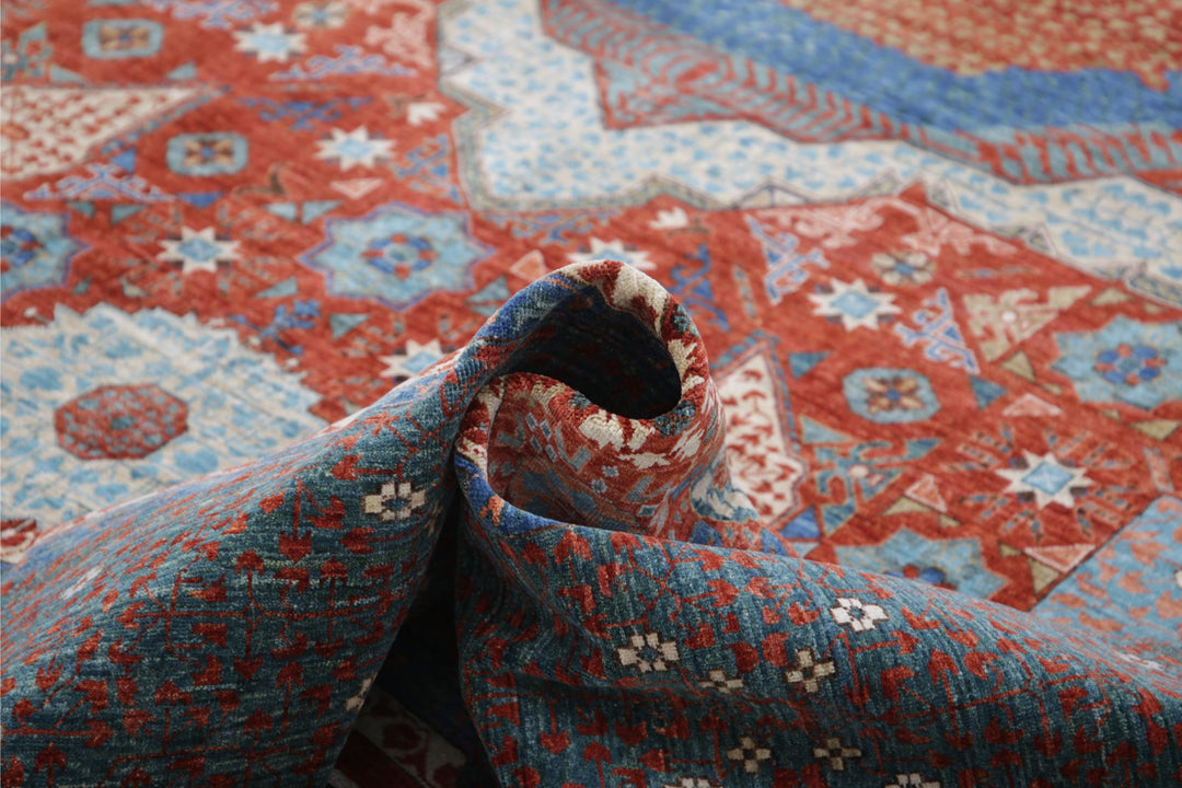 Red Afghan Mamluk Rug 11'9" x 16'6" Hand-Knotted border