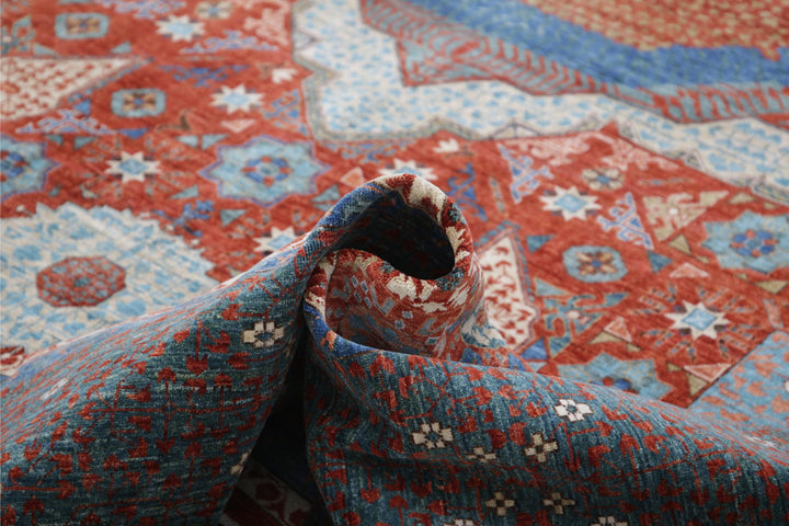 Red Afghan Mamluk Rug 11'9" x 16'6" Hand-Knotted border