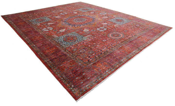 Red Afghan Mamluk Rug 13'6" x 16'0" Hand-Knotted detail