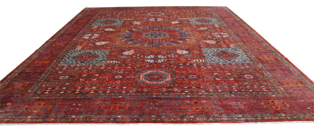 Red Afghan Mamluk Rug 13'6" x 16'0" Hand-Knotted close-up