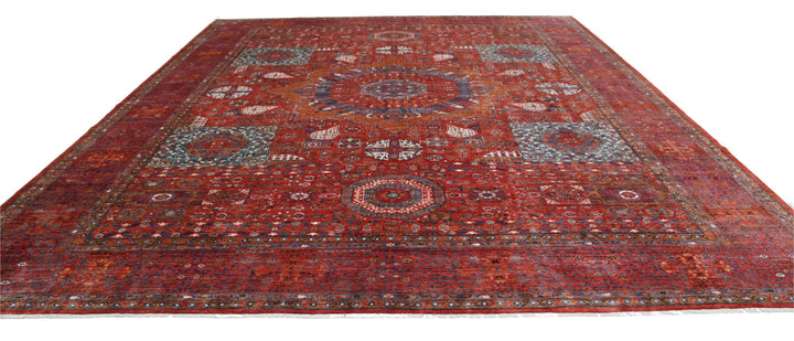Red Afghan Mamluk Rug 13'6" x 16'0" Hand-Knotted close-up