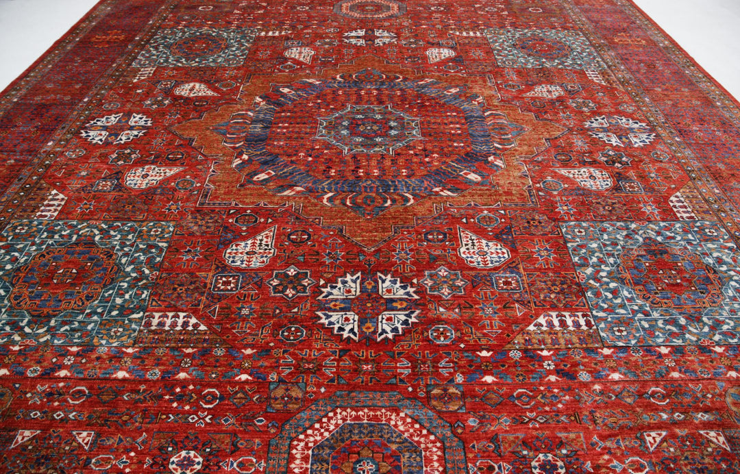 Red Afghan Mamluk Rug 13'6" x 16'0" Hand-Knotted pattern