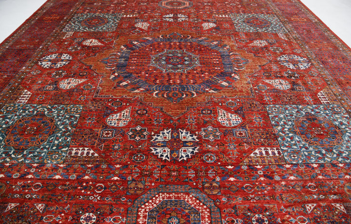Red Afghan Mamluk Rug 13'6" x 16'0" Hand-Knotted pattern