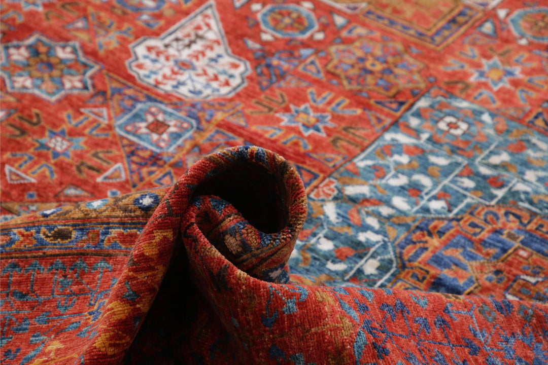 Red Afghan Mamluk Rug 13'6" x 16'0" Hand-Knotted border