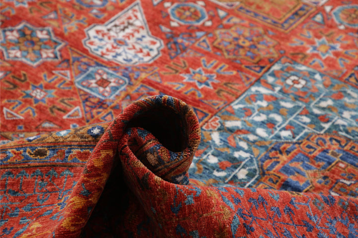 Red Afghan Mamluk Rug 13'6" x 16'0" Hand-Knotted border