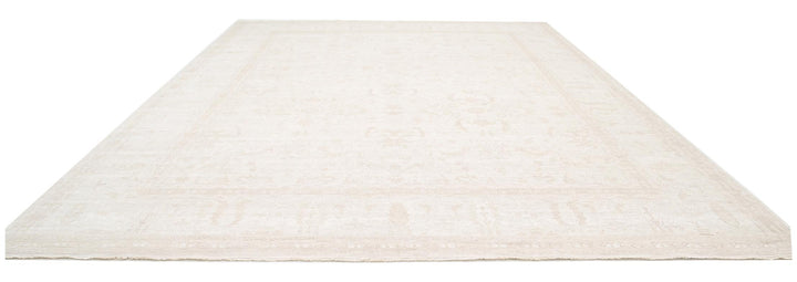 Ivory Pakistani Tabriz Rug 13'5" x 17'7" Hand-Knotted reverse