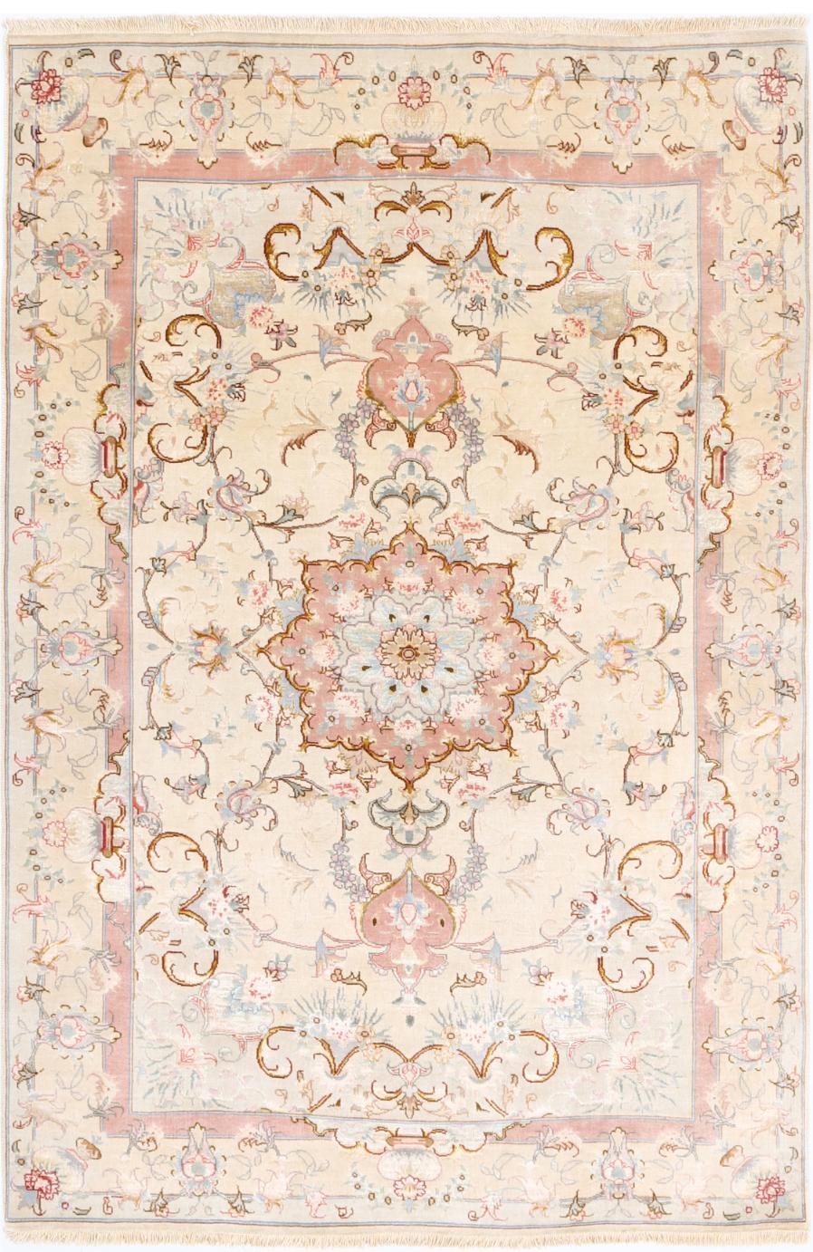 Ivory Afghan Tabriz Rug 6' 8" x 9' 9" Hand-Knotted