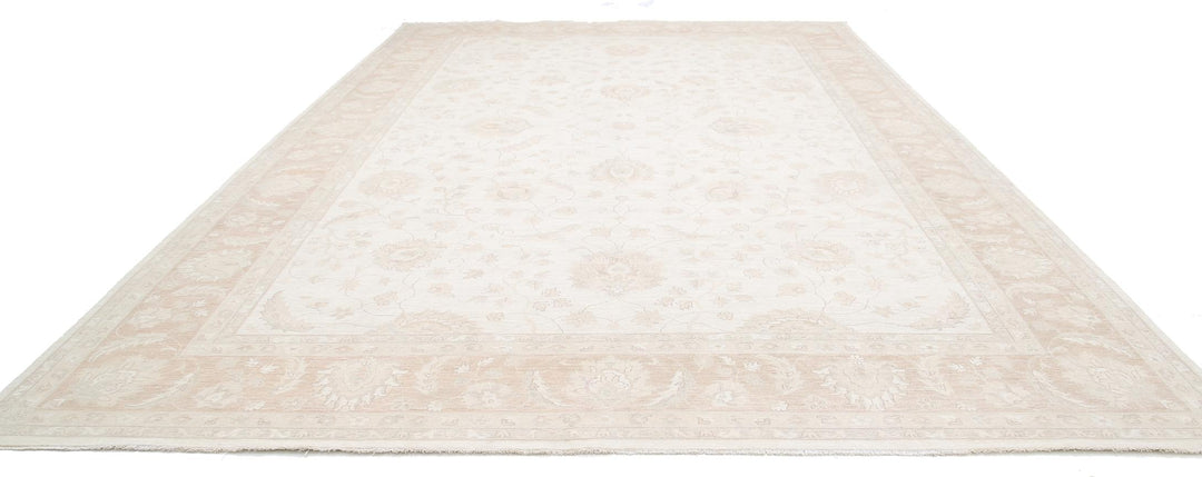 Ivory Pakistani Tabriz Rug 12'4" x 18'1" Hand-Knotted reverse
