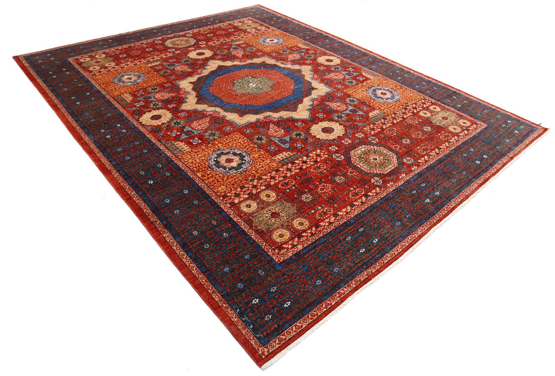 Red Pakistani Mamluk Rug 8'9" x 10'10" Hand-Knotted detail