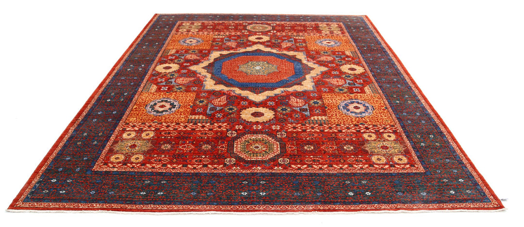 Red Pakistani Mamluk Rug 8'9" x 10'10" Hand-Knotted close-up