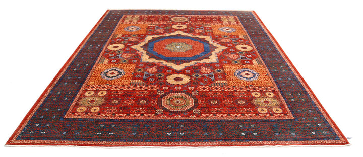 Red Pakistani Mamluk Rug 8'9" x 10'10" Hand-Knotted close-up