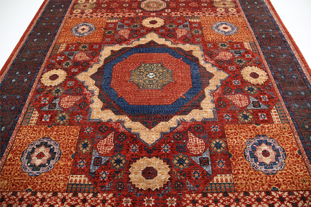 Red Pakistani Mamluk Rug 8'9" x 10'10" Hand-Knotted pattern