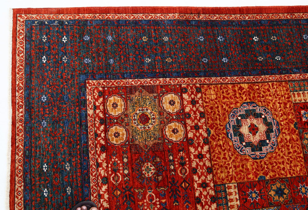 Red Pakistani Mamluk Rug 8'9" x 10'10" Hand-Knotted border