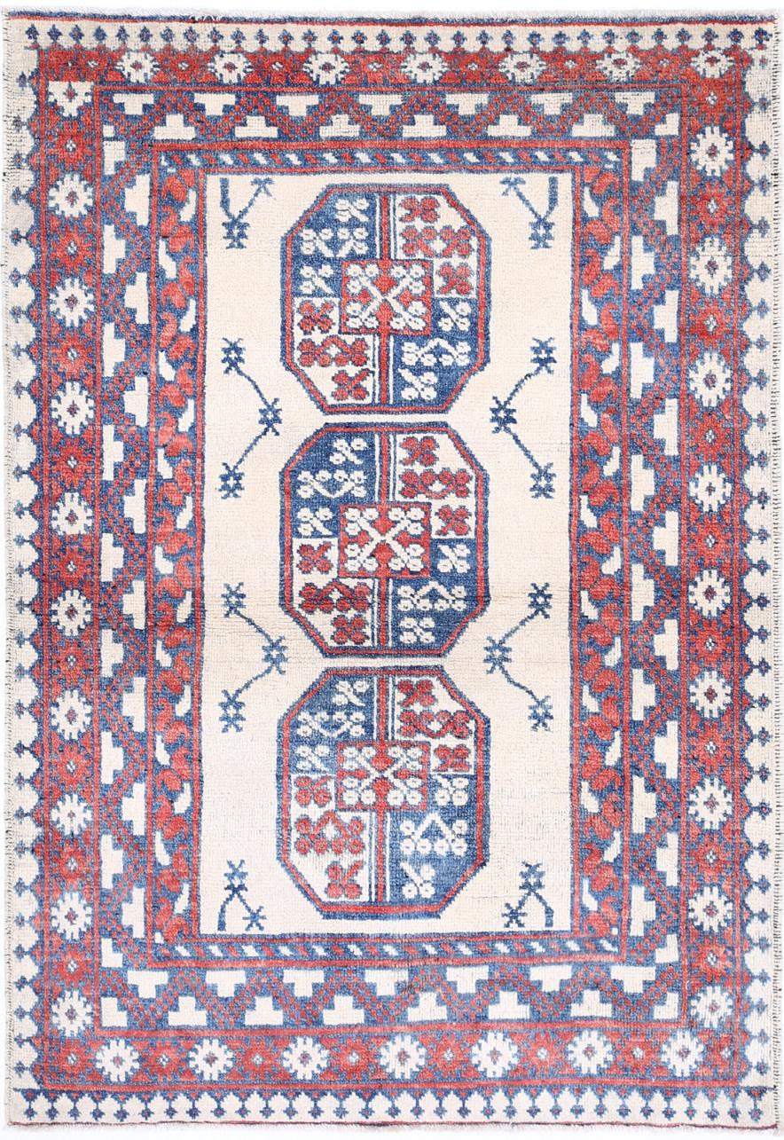 Ivory Afghan Tribal Rug 3'2" x 4'8" Hand-Knotted