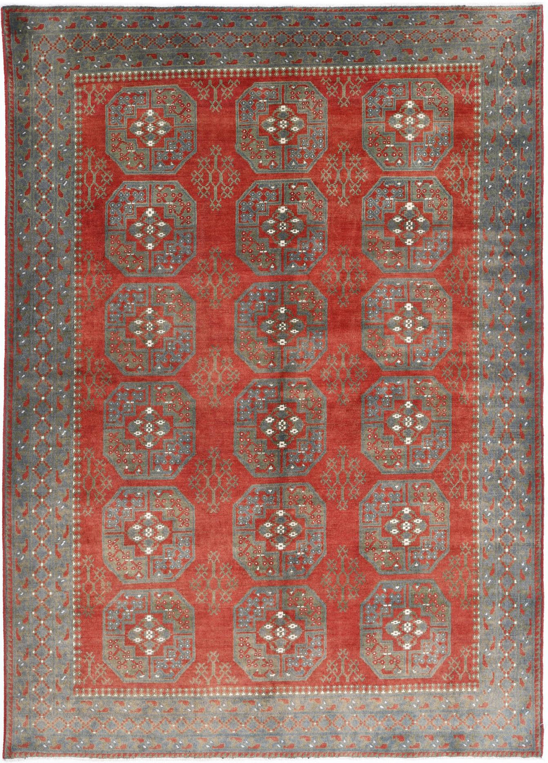 Red Afghan Tribal Rug 6'8" x 9'4" Hand-Knotted