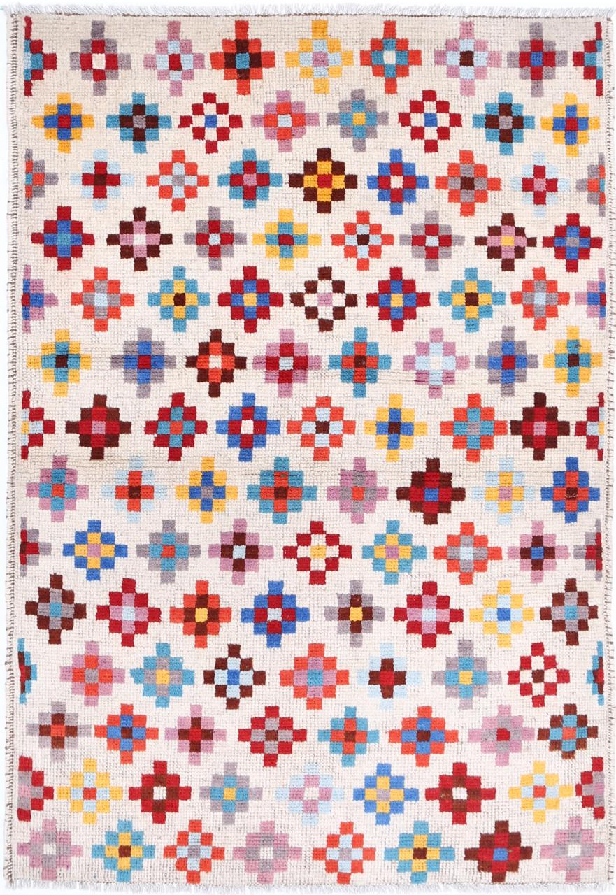 Ivory Afghan Tribal Rug 3'3" x 4'9" Hand-Knotted