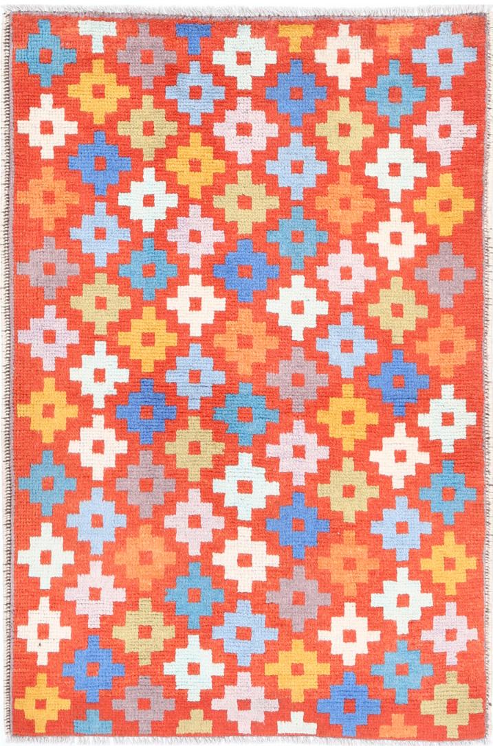 Red Afghan Tribal Rug 2'7" x 3'10" Hand-Knotted