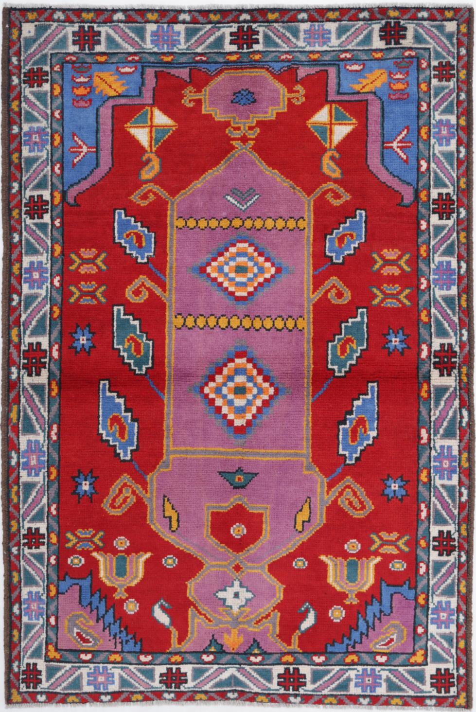 Red Afghan Tribal Rug 4'0" x 6'0" Hand-Knotted