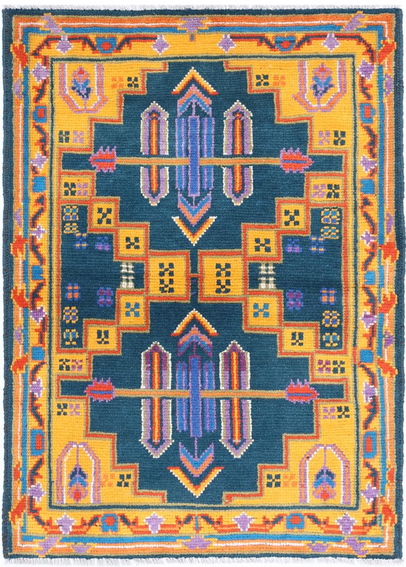 Teal Afghan Tribal Rug 2'10" x 4'0" Hand-Knotted