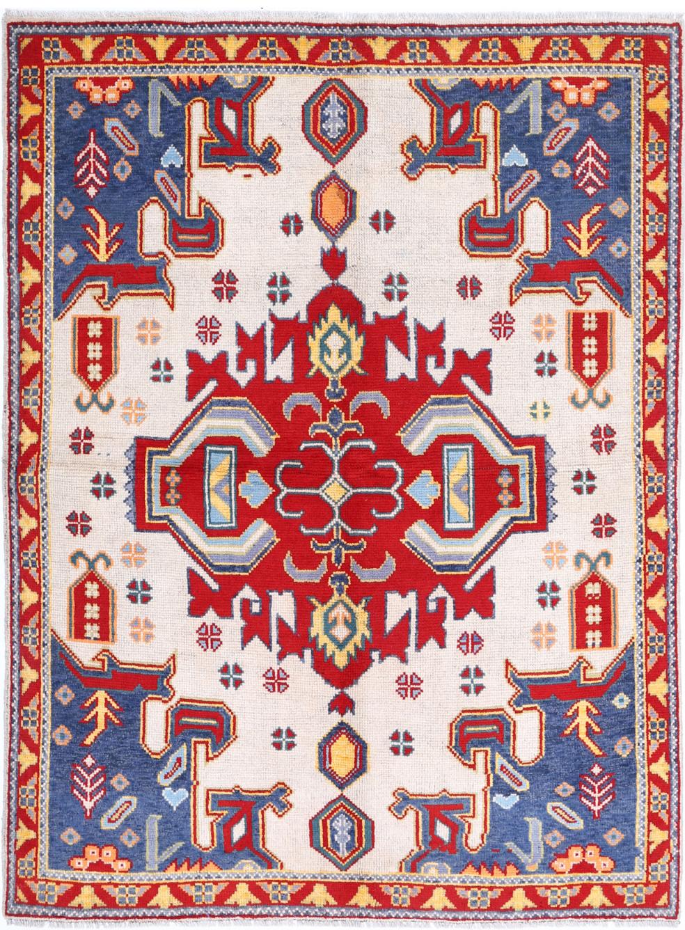 Ivory Afghan Tribal Rug 4'10" x 6'6" Hand-Knotted