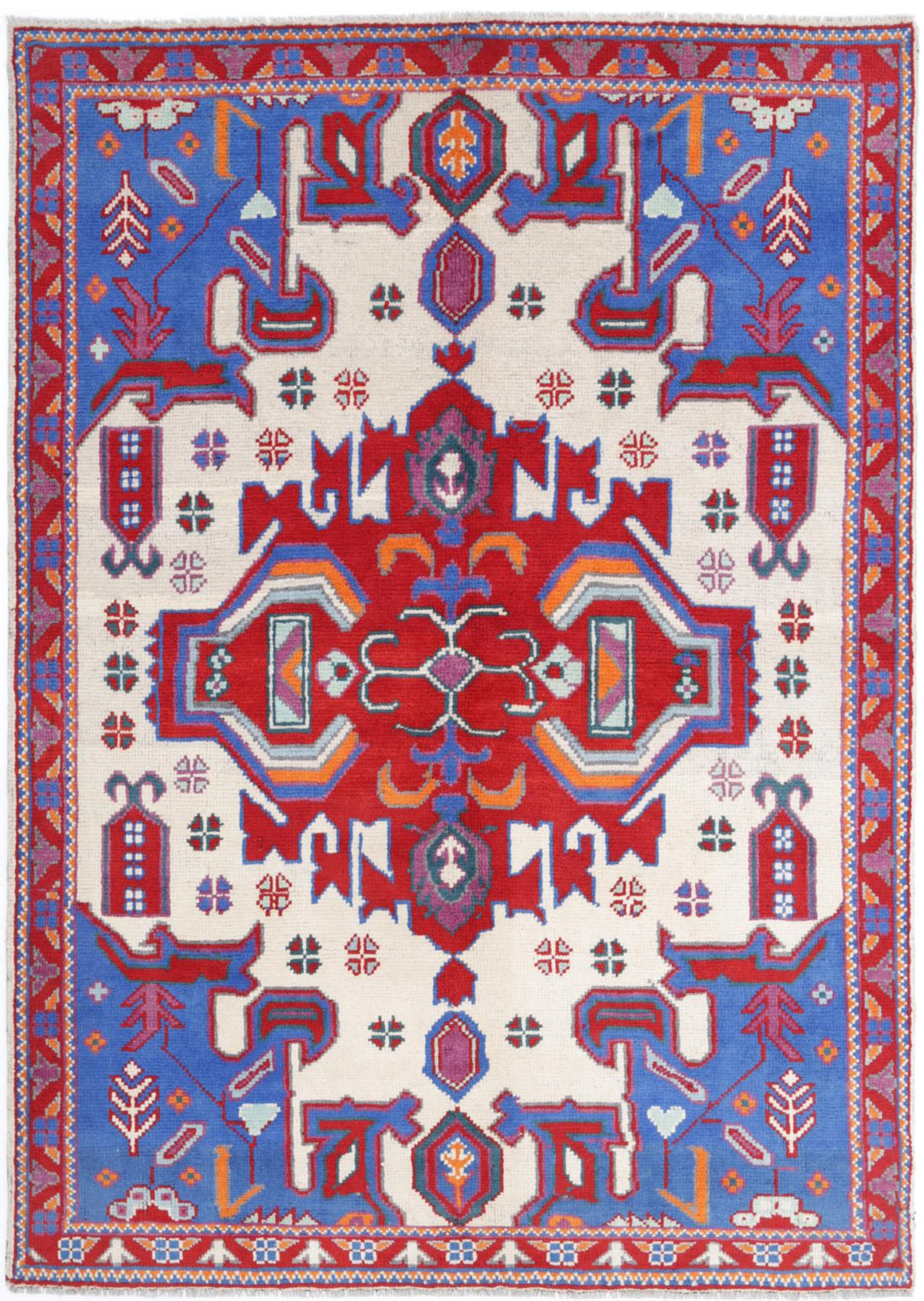 Ivory Afghan Tribal Rug 4'9" x 6'8" Hand-Knotted