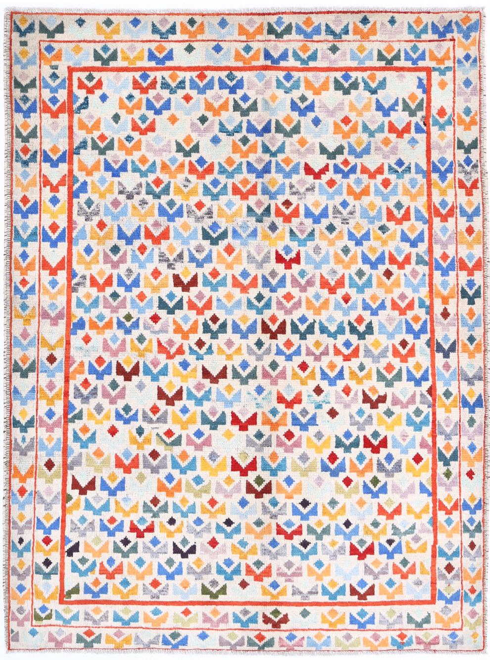 Ivory Afghan Tribal Rug 4'11" x 6'7" Hand-Knotted