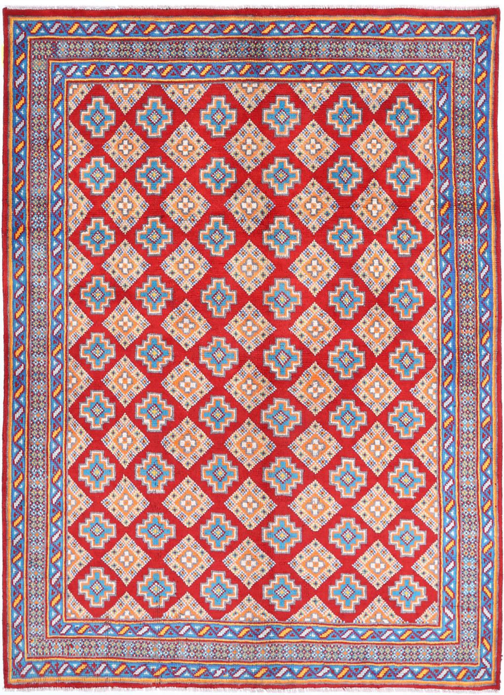 Red Afghan Tribal Rug 5'1" x 7'1" Hand-Knotted