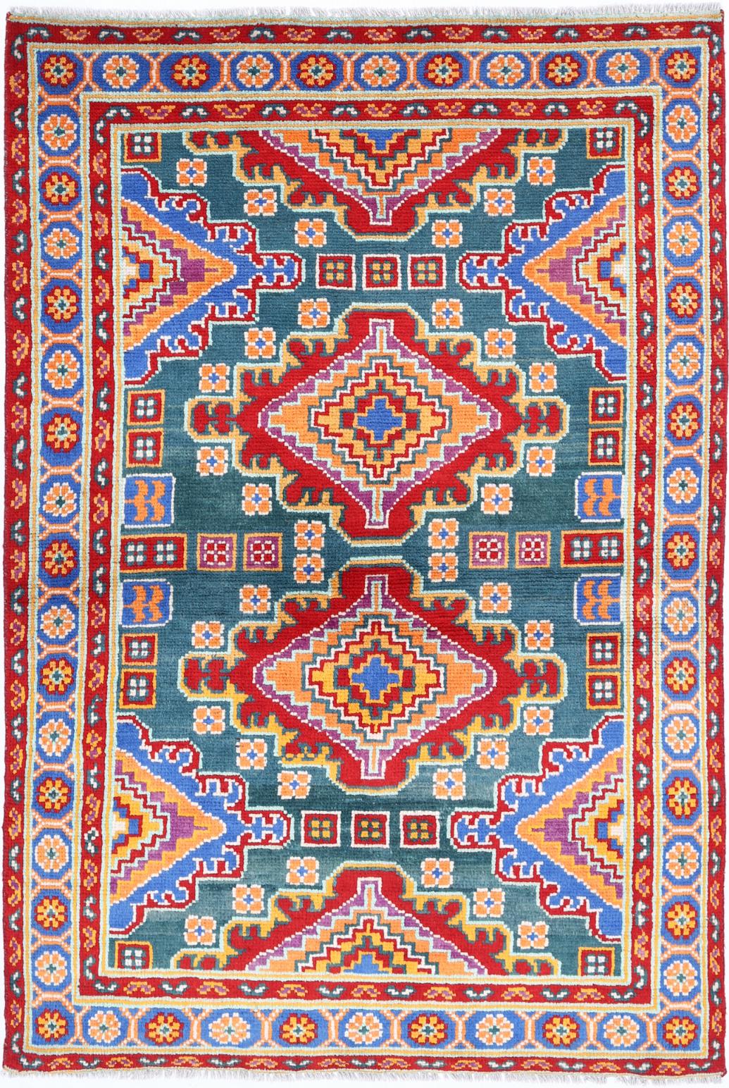 Teal Afghan Tribal Rug 3'10" x 5'11" Hand-Knotted