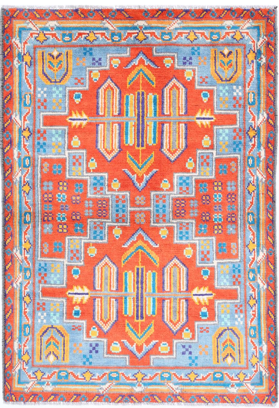 Rust Afghan Tribal Rug 3'4" x 4'10" Hand-Knotted