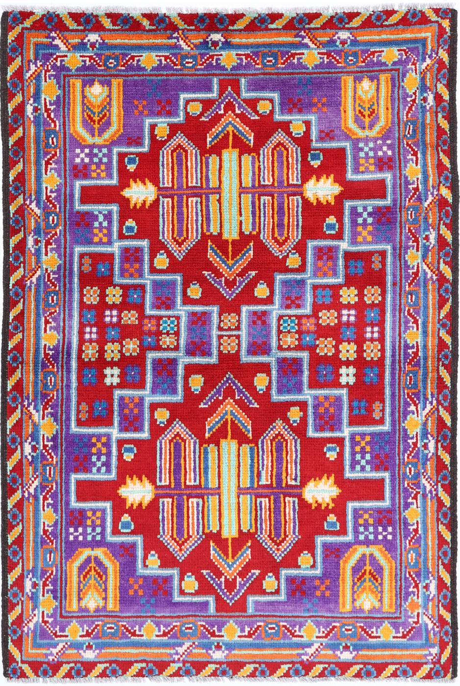 Purple Afghan Tribal Rug 3'4" x 5'0" Hand-Knotted