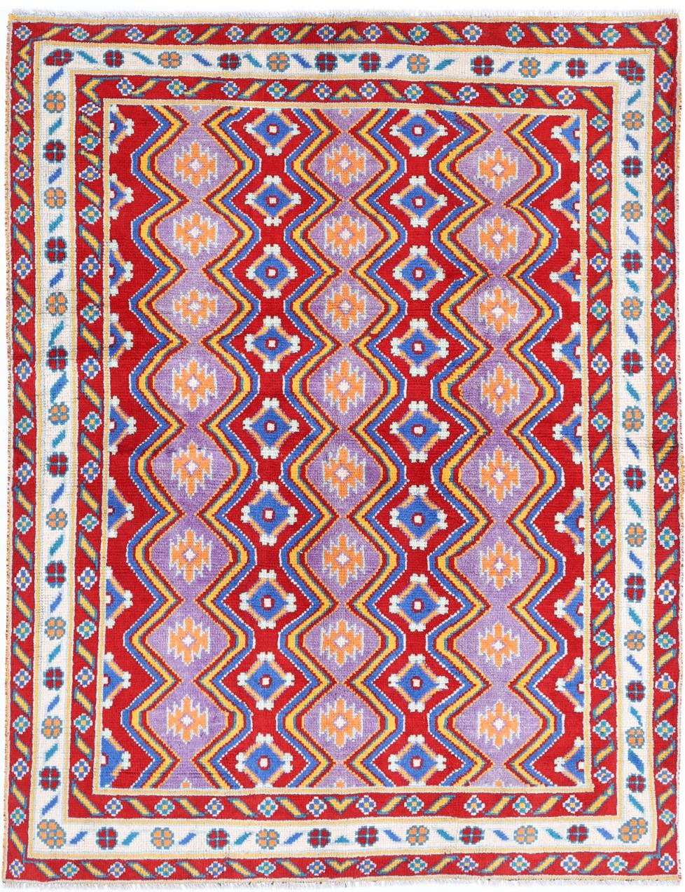 Red Afghan Tribal Rug 4'9" x 6'6" Hand-Knotted