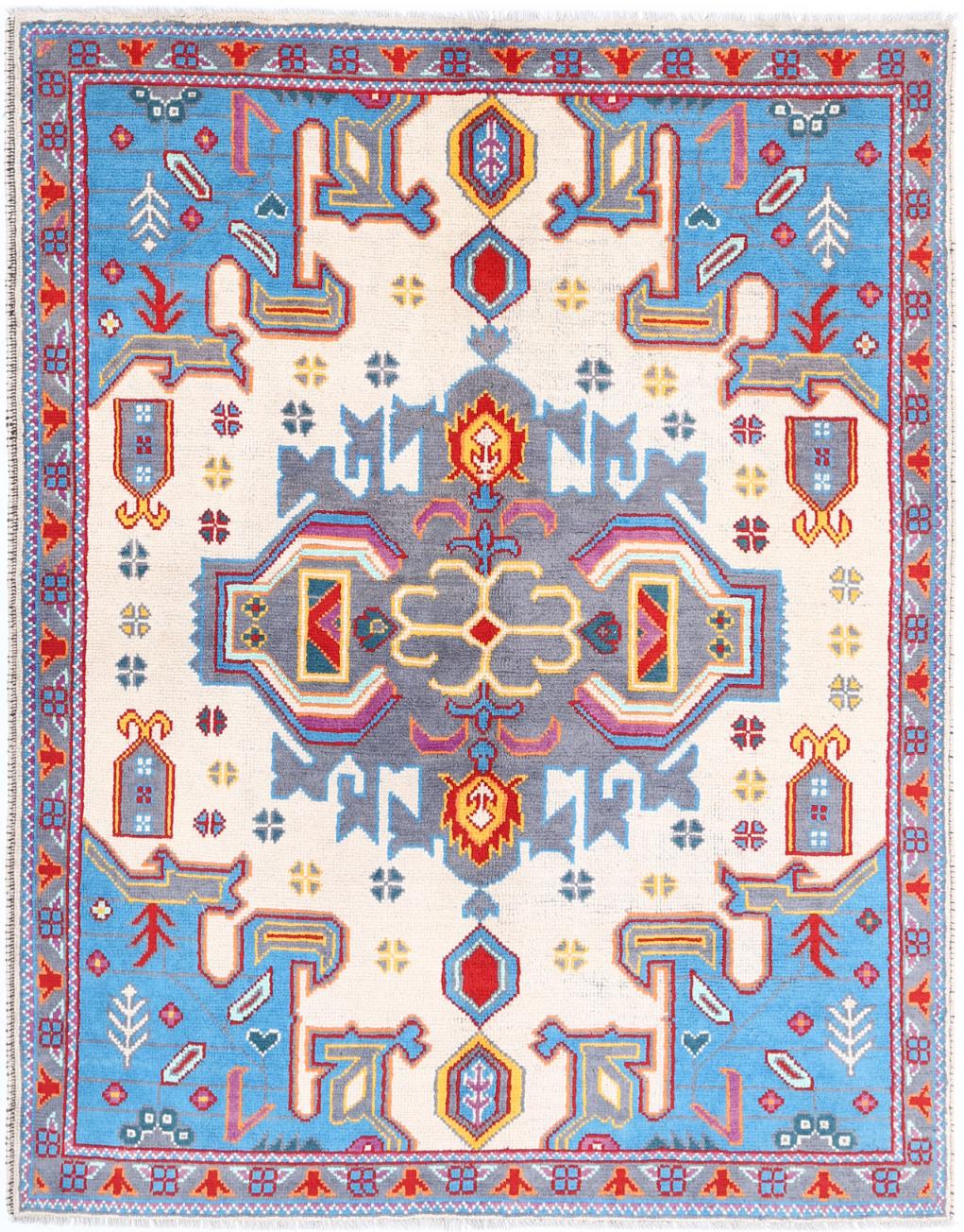 Ivory Afghan Tribal Rug 5'0" x 6'7" Hand-Knotted