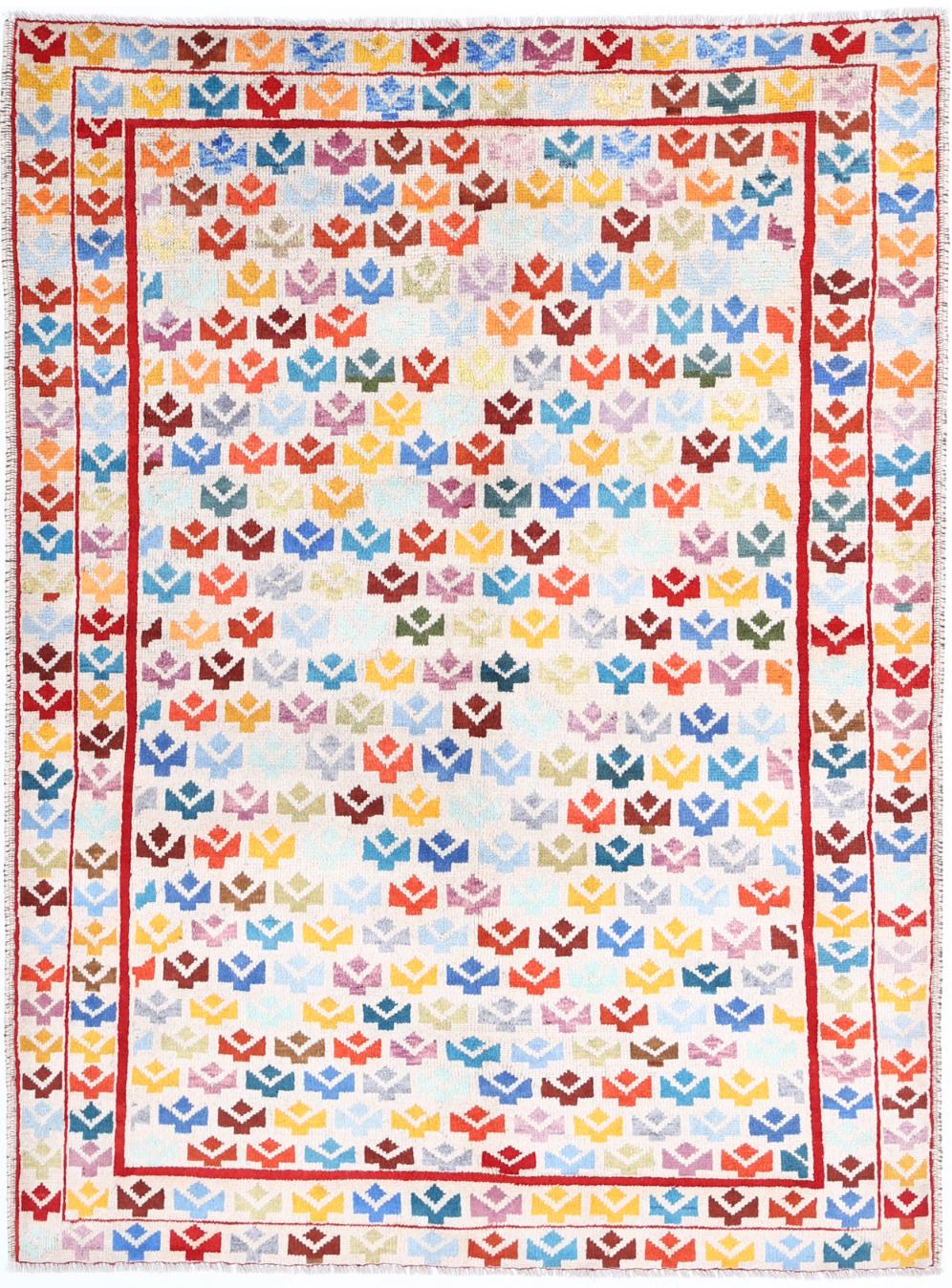 Ivory Afghan Tribal Rug 4'11" x 6'6" Hand-Knotted