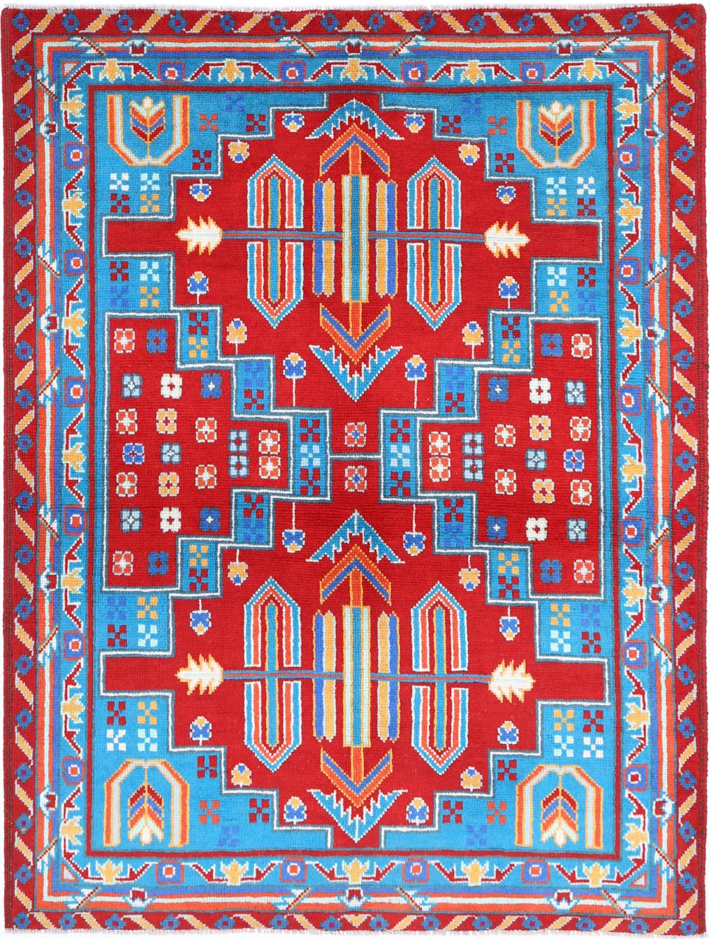 Red Afghan Tribal Rug 5'0" x 6'9" Hand-Knotted