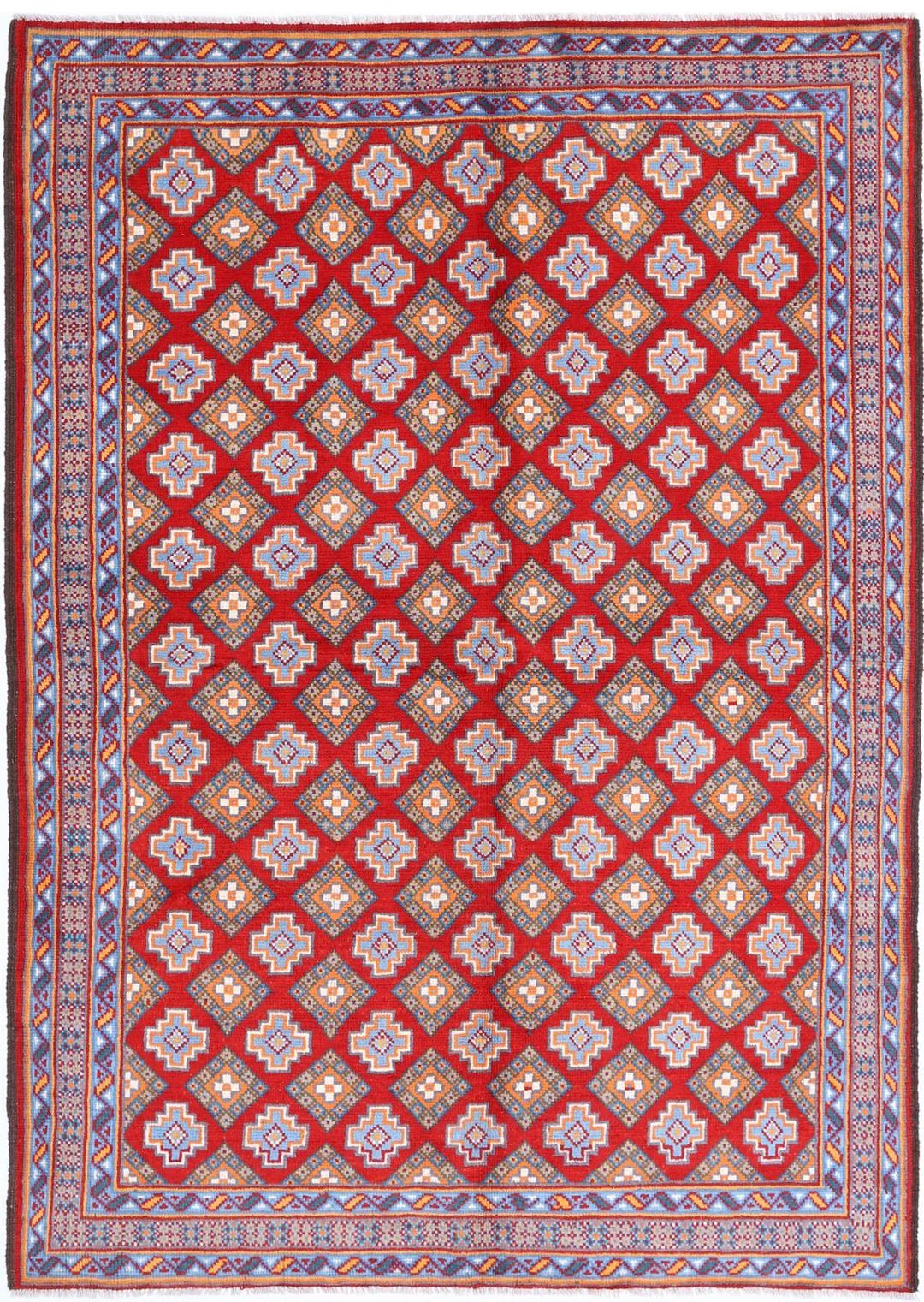 Red Afghan Tribal Rug 5'8" x 7'11" Hand-Knotted