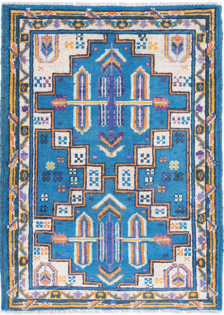 Teal Afghan Tribal Rug 2'9" x 3'10" Hand-Knotted