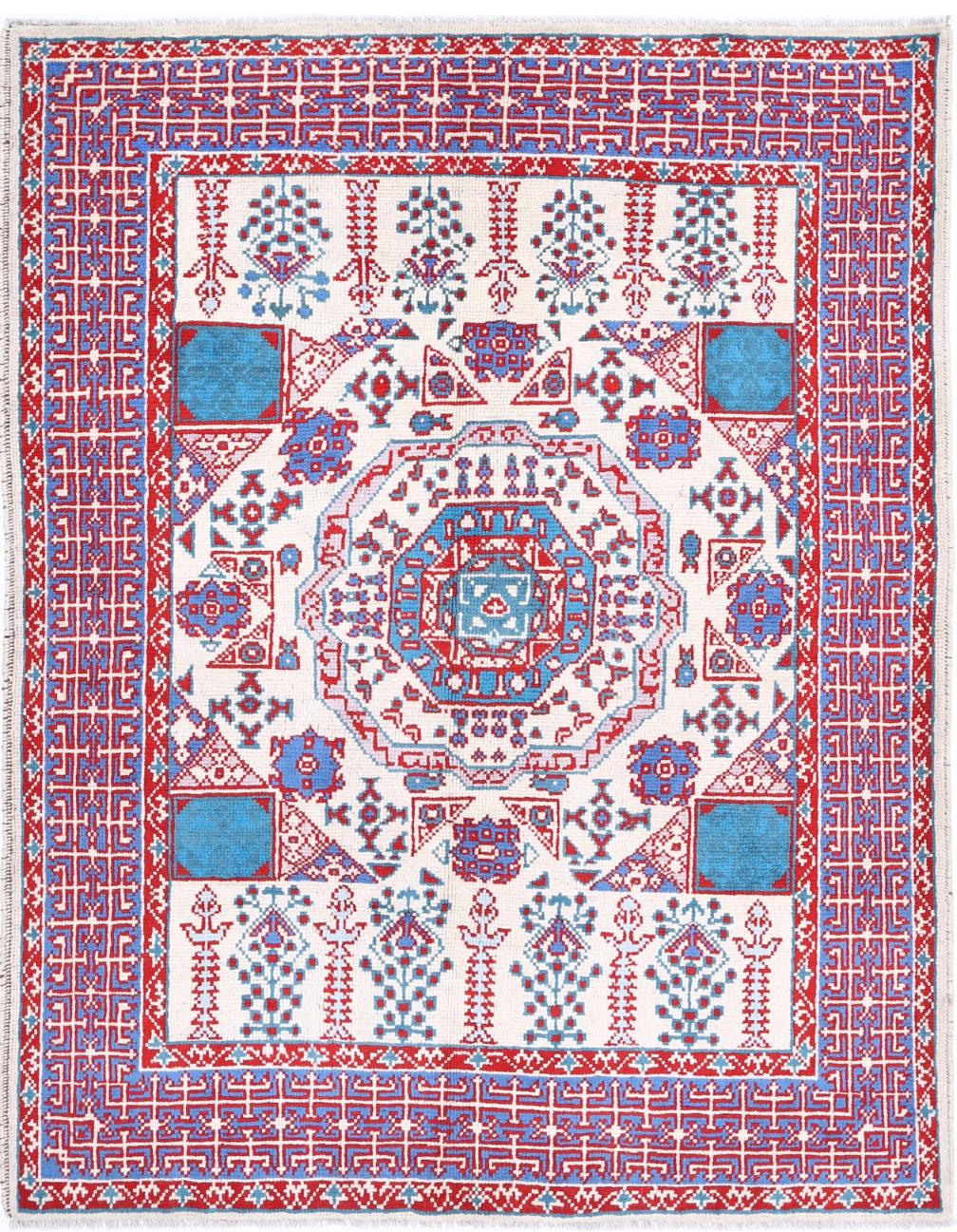 Ivory Pakistani Tribal Rug 5'1" x 6'7" Hand-Knotted
