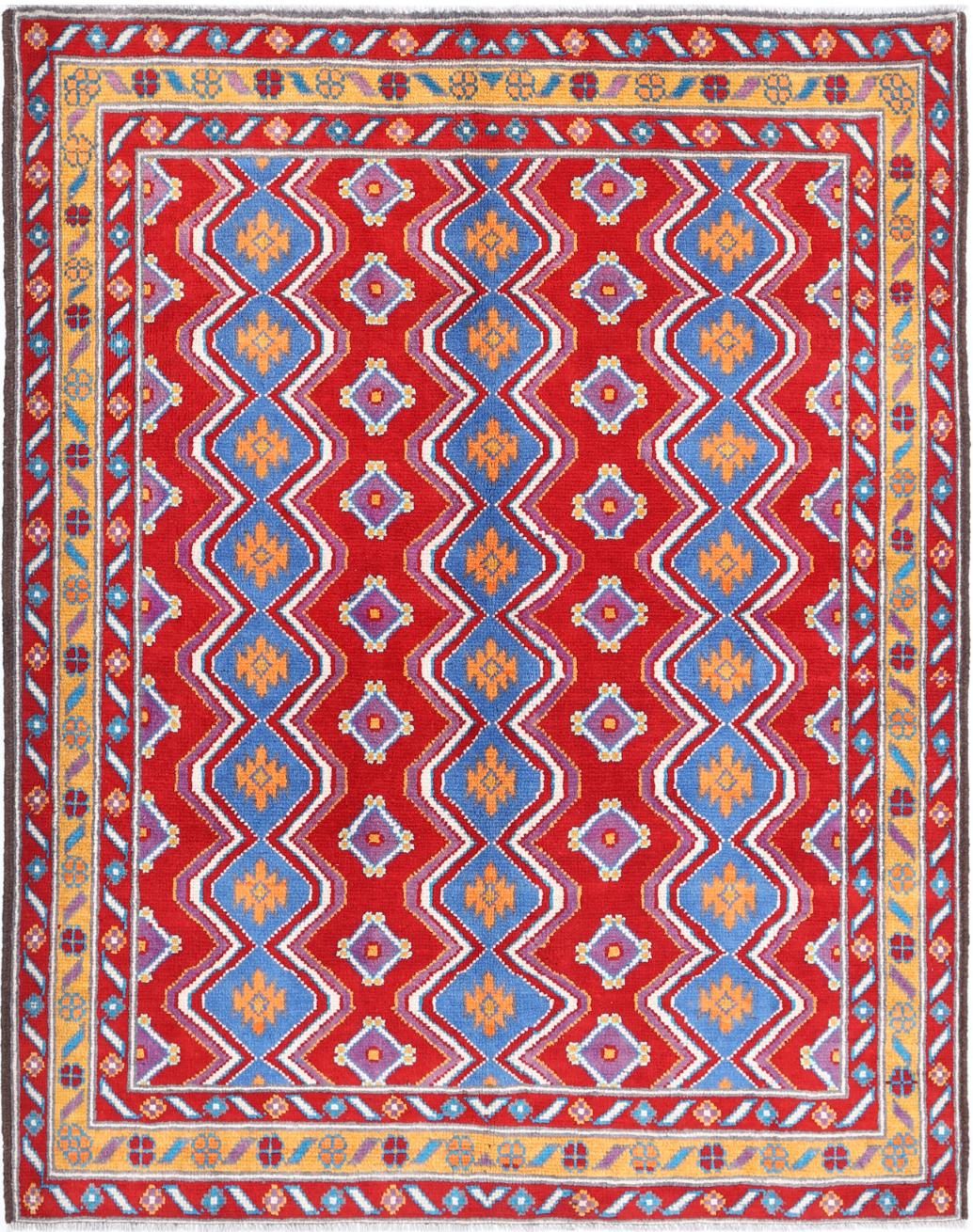 Red Afghan Tribal Rug 5'2" x 6'6" Hand-Knotted