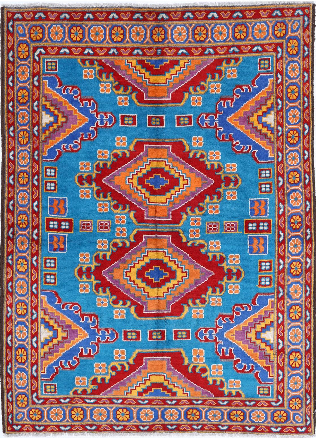 Teal Afghan Tribal Rug 4'9" x 6'8" Hand-Knotted
