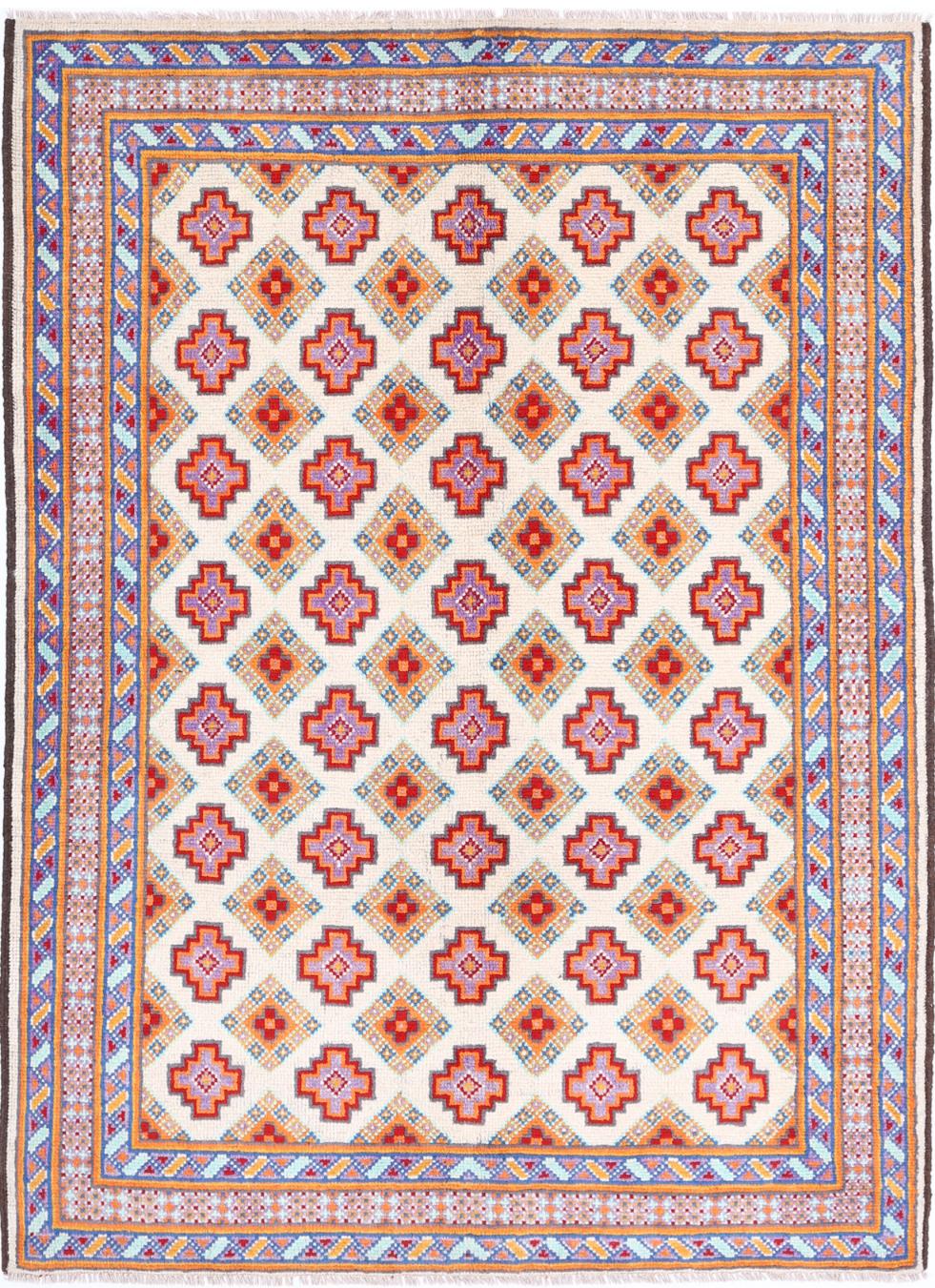Ivory Afghan Tribal Rug 4' 10" x 6' 9" Hand-Knotted