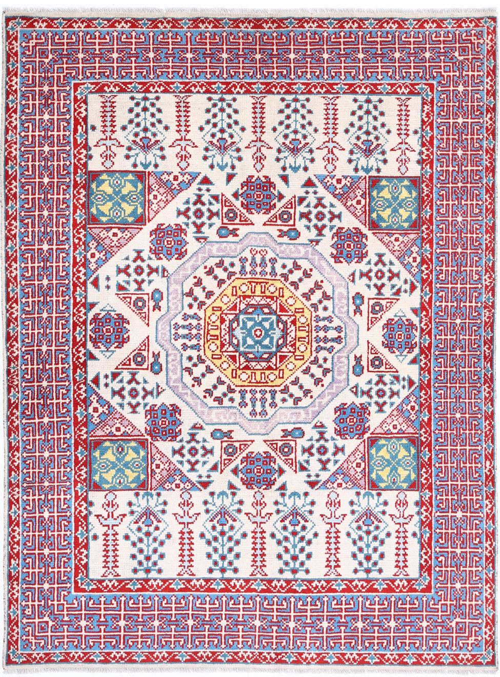 Ivory Afghan Tribal Rug 4'10" x 6'8" Hand-Knotted