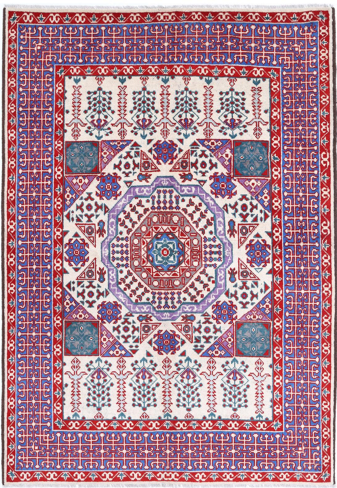 Ivory Afghan Tribal Rug 5'6" x 8'0" Hand-Knotted