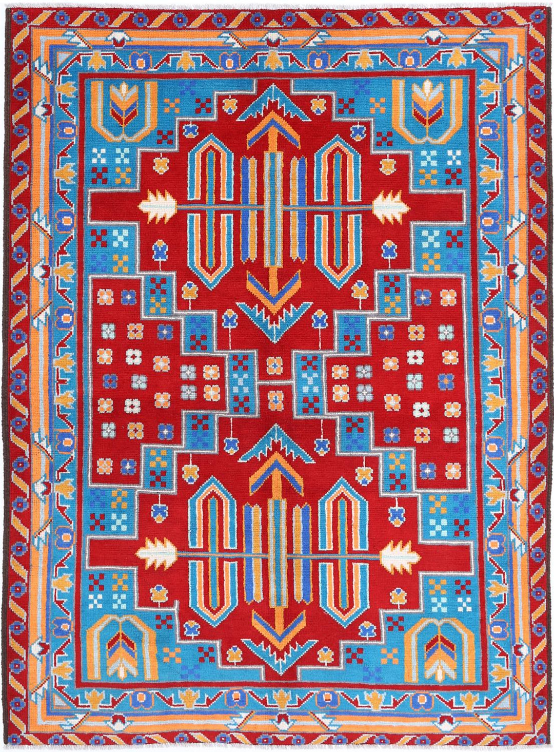 Teal Afghan Tribal Rug 5'7" x 7'7" Hand-Knotted