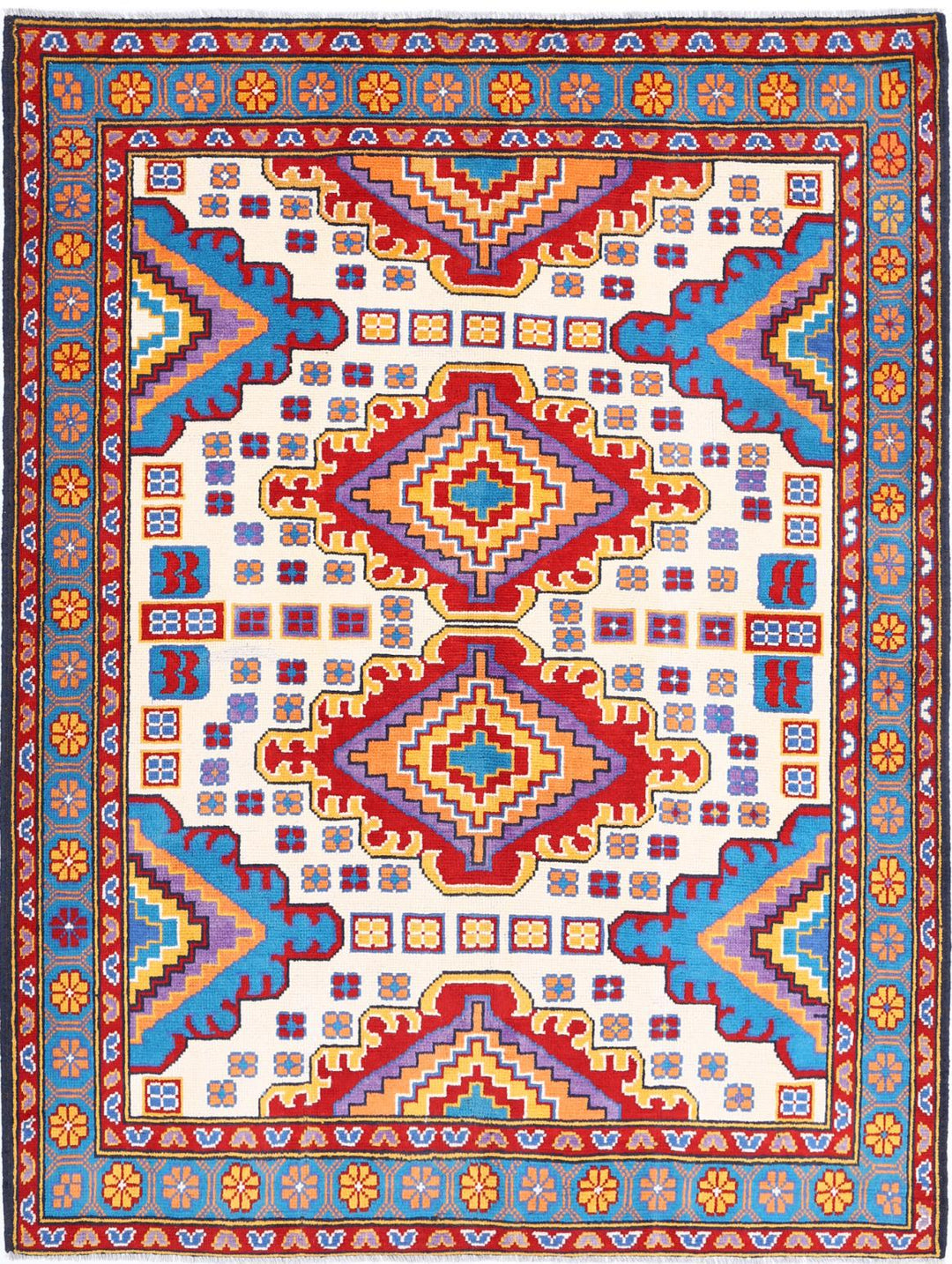 Ivory Afghan Tribal Rug 6'1" x 7'10" Hand-Knotted