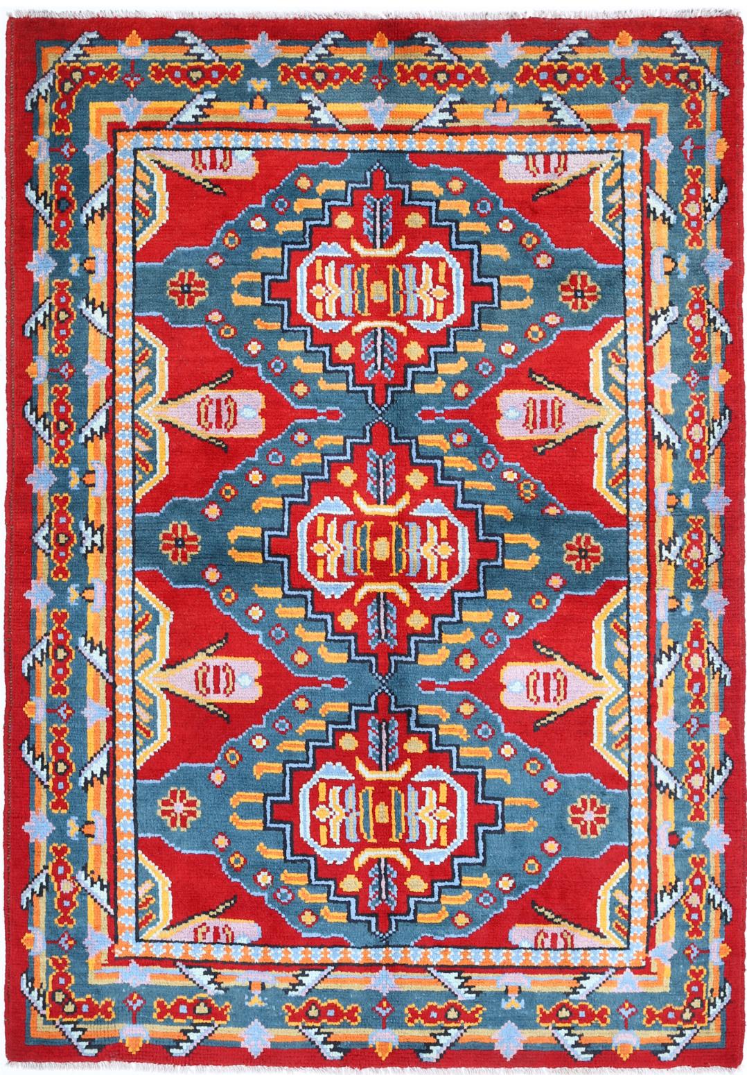 Red Afghan Tribal Rug 3'11" x 5'8" Hand-Knotted