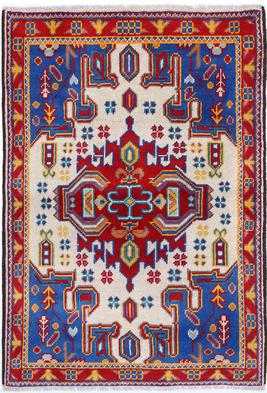 Ivory Afghan Tribal Rug 3'2" x 4'10" Hand-Knotted