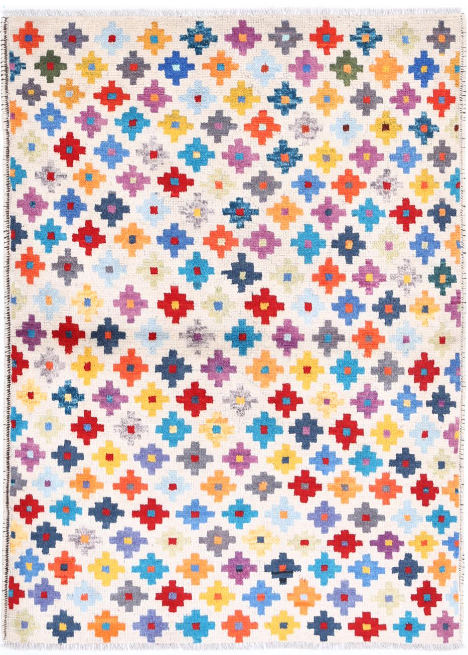 Ivory Afghan Tribal Rug 3'4" x 4'9" Hand-Knotted