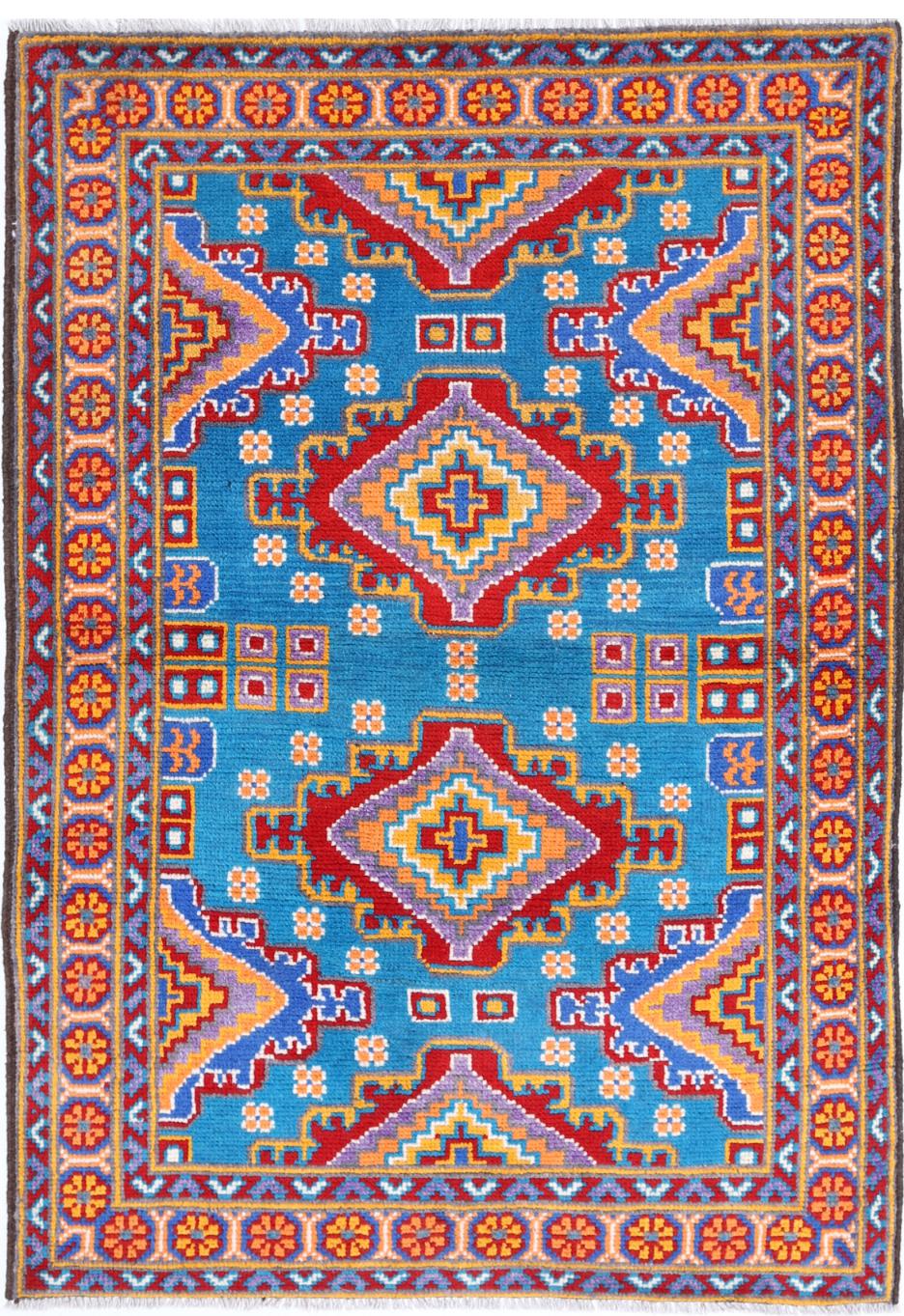 Teal Afghan Tribal Rug 3'4" x 5'0" Hand-Knotted