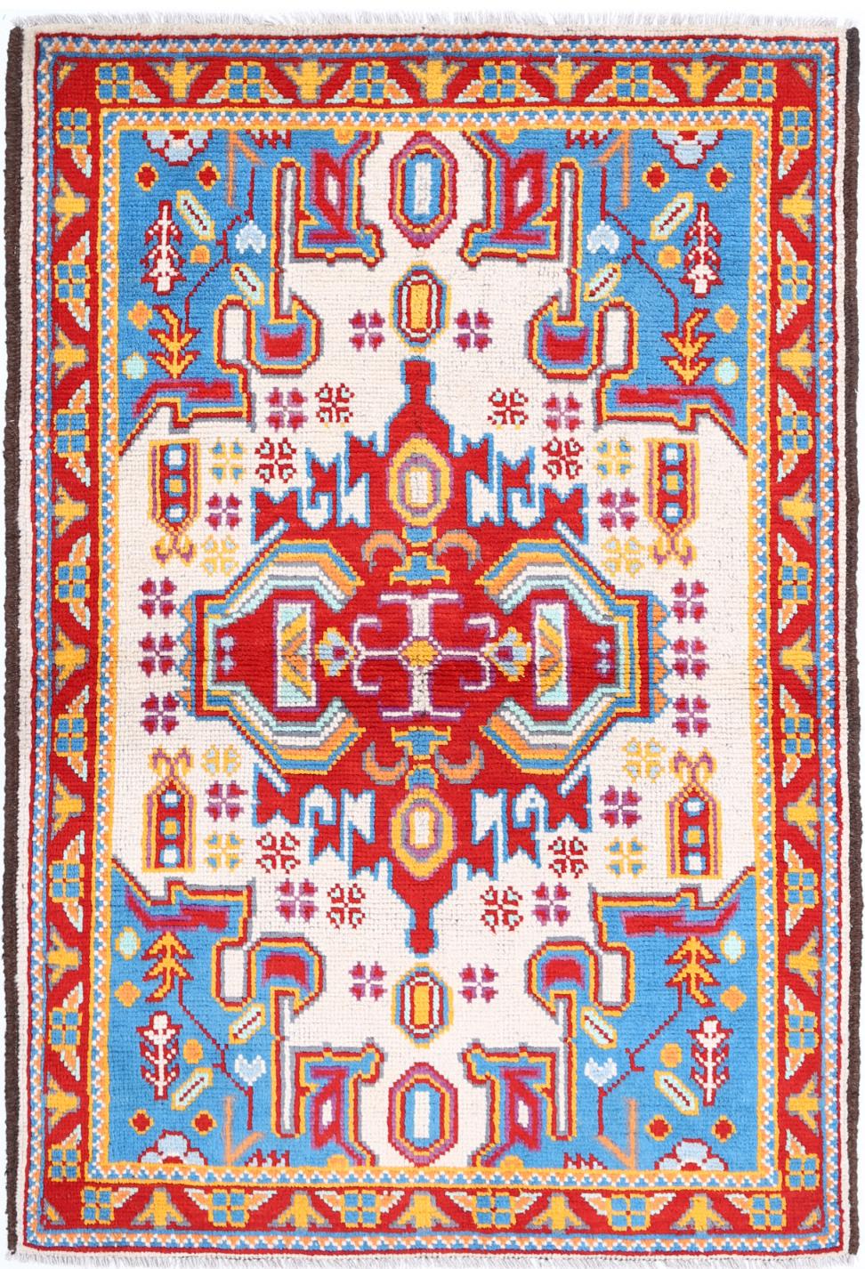 Ivory Afghan Tribal Rug 3'5" x 5'2" Hand-Knotted